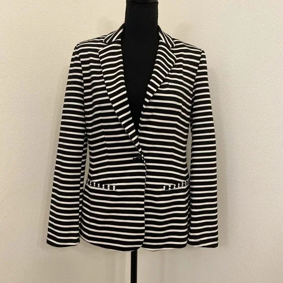 Mossimo Blazer M Womens Black White Striped Business Career Office Jacket Preppy - Picture 3 of 12